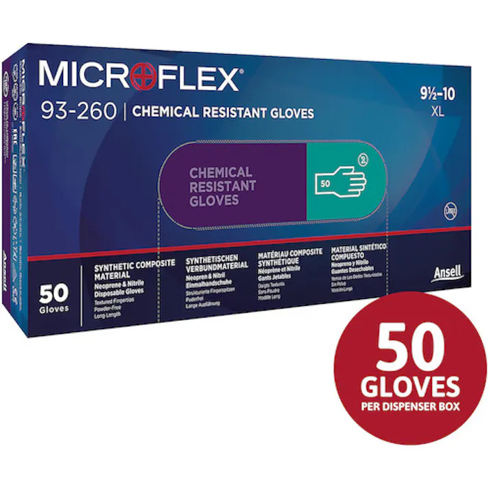 【CAINZ-DASH】アンセル・ヘルスケア・ジャパン 耐薬品ネオプレンゴム使い捨て手袋 マイクロフレックス 93-260 Mサイズ (50枚入) 93-260-8【別送品】