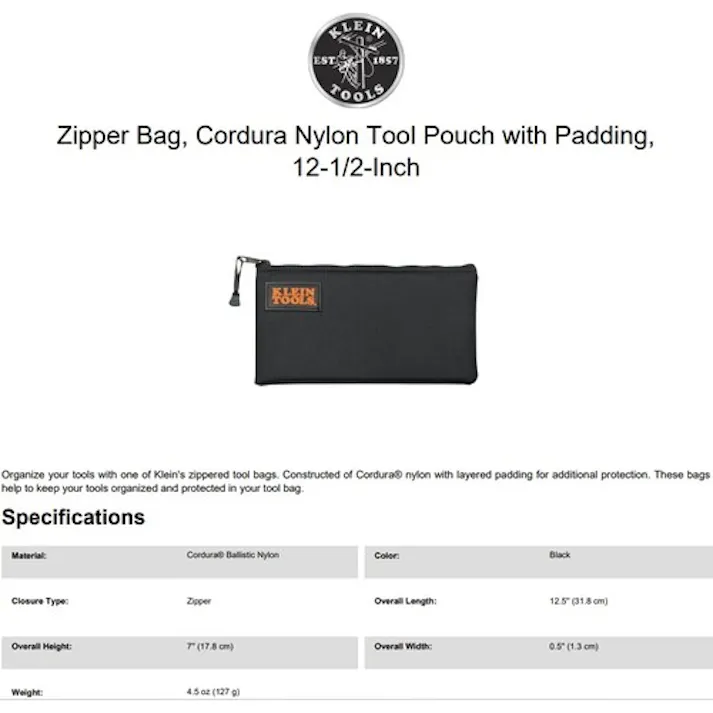【CAINZ-DASH】KLEIN TOOLS社 ツールポーチ パッド入り ブラック 5139PAD【別送品】