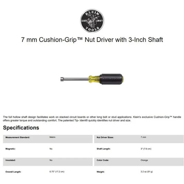 【CAINZ-DASH】KLEIN TOOLS社 ナットドライバー 7.0X75 630-7MM【別送品】