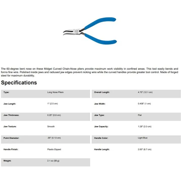 【CAINZ-DASH】KLEIN TOOLS社 電工 先曲がり小型ノーズプライヤー D320-41/2C【別送品】