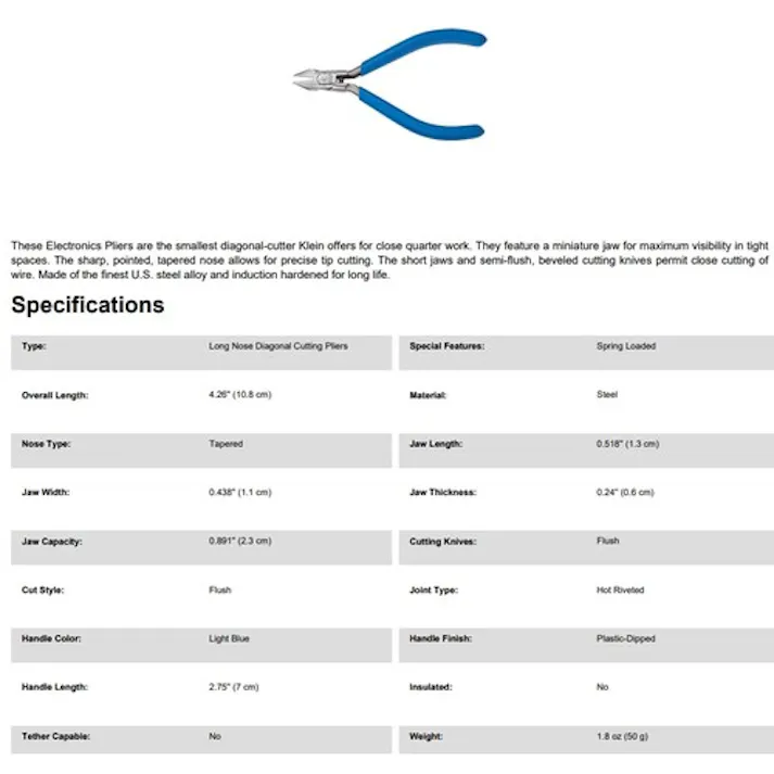【CAINZ-DASH】KLEIN TOOLS社 電工ニッパ 100mm ミニチュア刃 D295-4C【別送品】