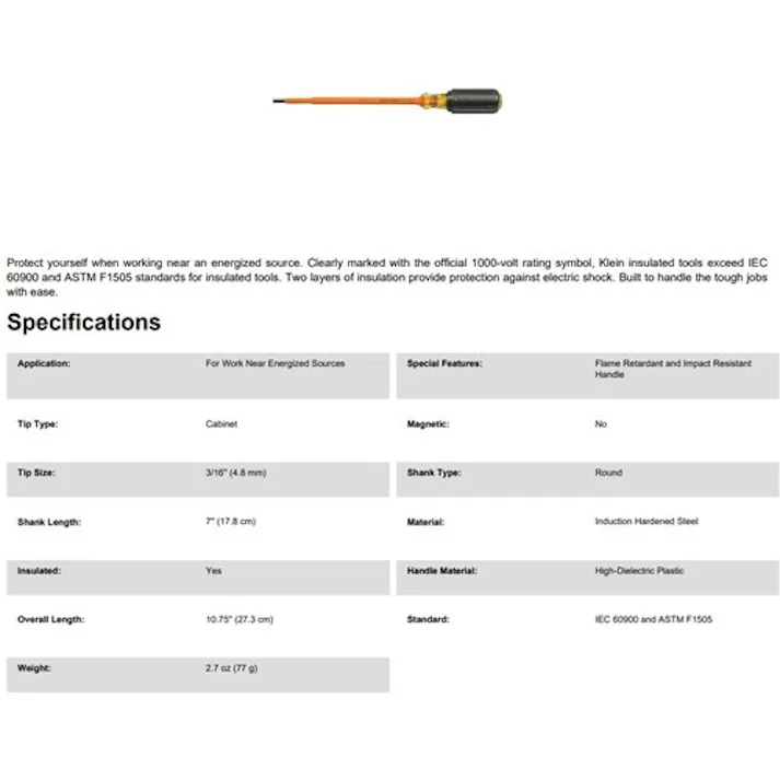 【CAINZ-DASH】KLEIN TOOLS社 絶縁マイナスドライバー 5.0X180 6017INS【別送品】