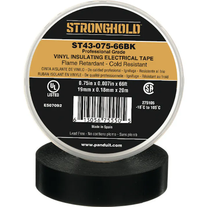 【CAINZ-DASH】ストロングホールド StrongHoldビニールテープ 耐熱・耐寒・難燃 プロ仕様グレード 黒 幅19.1mm 長さ20m ST43-075-66BK ST43-075-66BK【別送品】