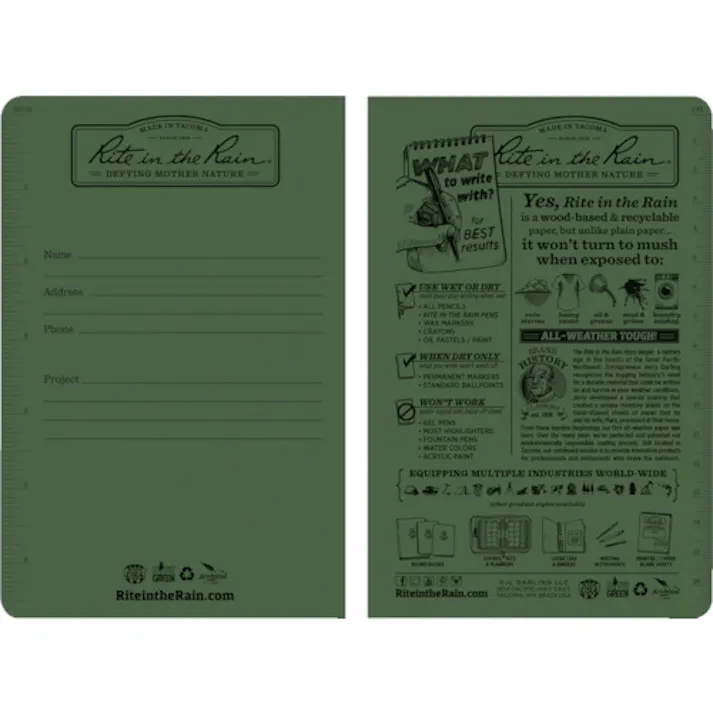 【CAINZ-DASH】Rite in the Rain社 4 5/8X7 ステイプルノートブック(3冊セット)ユニバーサル・グリーン 971FX【別送品】