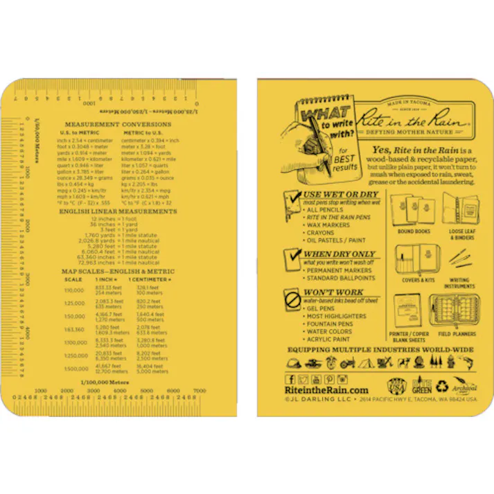 【CAINZ-DASH】Rite in the Rain社 3 1/2X5 ソフトカバーブック 横開きタイプ イエロー 374-M【別送品】