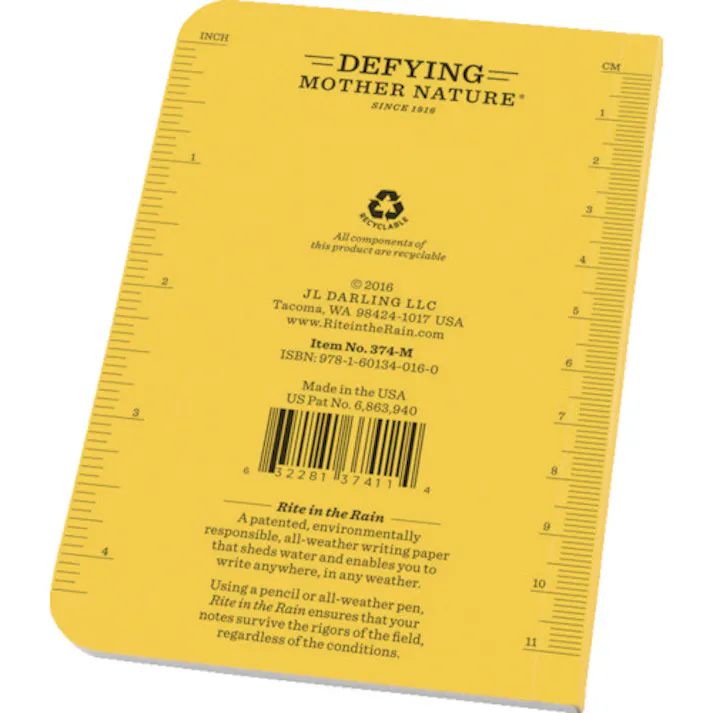 【CAINZ-DASH】Rite in the Rain社 3 1/2X5 ソフトカバーブック 横開きタイプ イエロー 374-M【別送品】