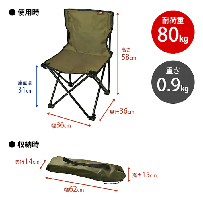 パークレーン キャンプ用品 BBQ用品 ソロキャンプ 背付ミニ折りたたみチェア 背面メッシュポケット付 幅36×奥36×高58cm カーキ 4582451304143【別送品】