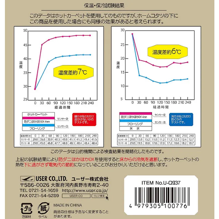 ユーザー 防ダニほかほかシート 4mm 3畳 幅180×奥240×高0.4cm 4979305100783【別送品】