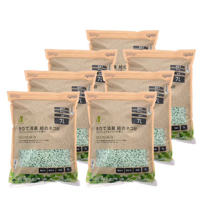 【まとめ売り】猫砂 デオマジック 香りで消臭 紙のネコ砂 フレッシュフォレストの香り 7L×7個入 大容量 飛び散り防止 固まる 燃やせる