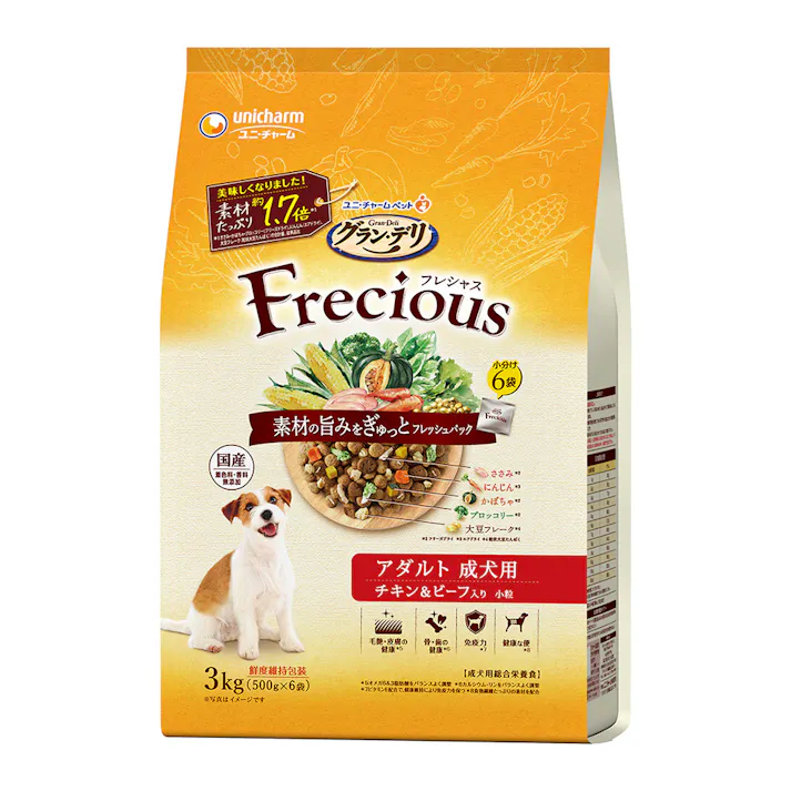 【CAINZ定期便】ユニ・チャーム グラン・デリ フレシャス アダルト 成犬用 チキン&ビーフ入り 小粒 3kg (500g×6袋)