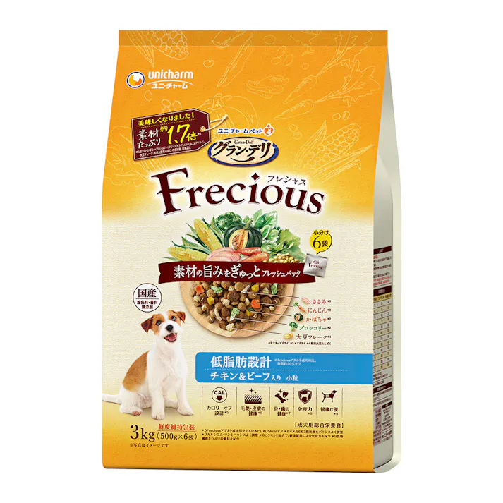 【CAINZ定期便】ユニ・チャーム グラン・デリ フレシャス 低脂肪設計 チキン&ビーフ入り 小粒 3kg (500g×6袋)