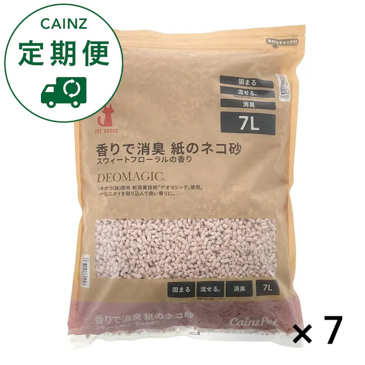 【CAINZ定期便】猫砂 デオマジック 香りで消臭 紙のネコ砂 スウィートフローラルの香り 7L×7個入 大容量 飛び散り防止 固まる 燃やせる