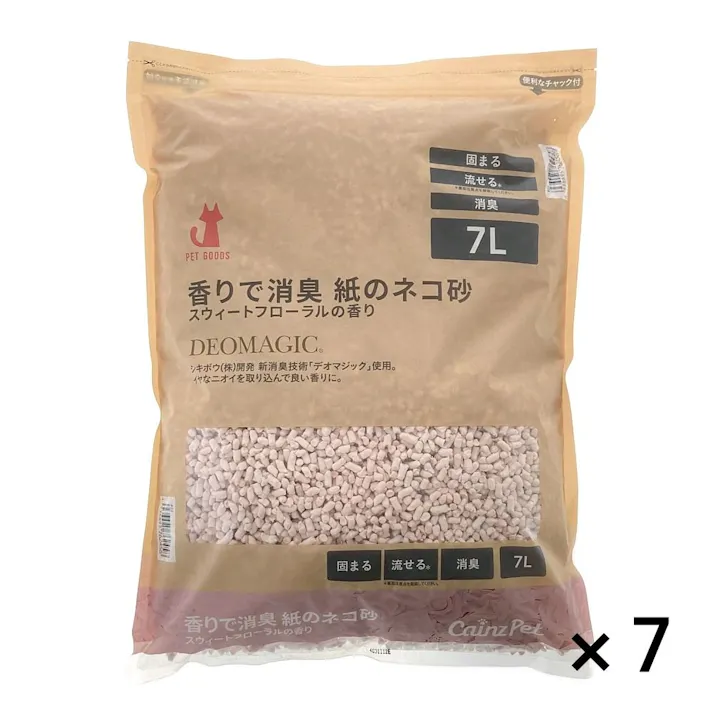 【CAINZ定期便】猫砂 デオマジック 香りで消臭 紙のネコ砂 スウィートフローラルの香り 7L×7個入 大容量 飛び散り防止 固まる 燃やせる