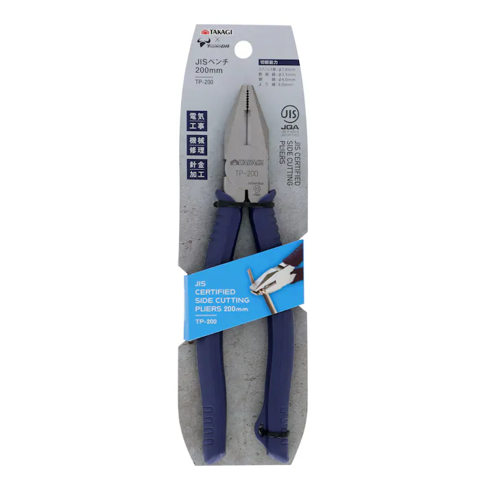 TAKAGI 高儀 ×TSUNODA JIS ペンチ 200mm TP-200 電気工事 機械修理 針金加工 作業工具 つかむ 曲げる 切る 切断 カッティング プライヤー JIS認定 4907052201682 【ネット注文限定・別送品】