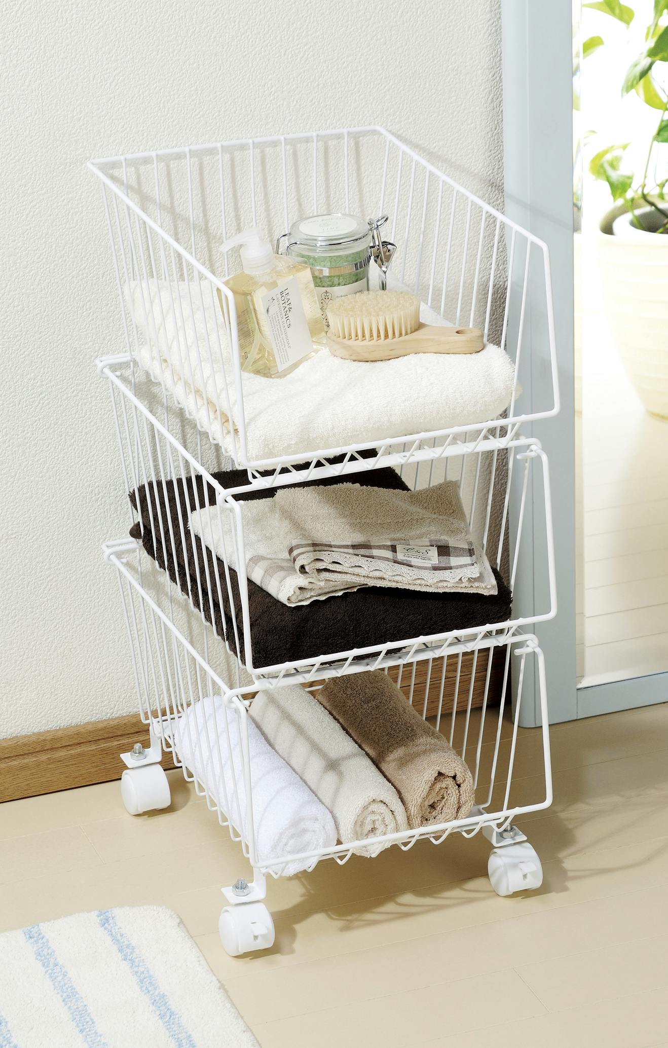 スタッキング式3段マルチ収納バスケット ホワイト キッチンワゴン