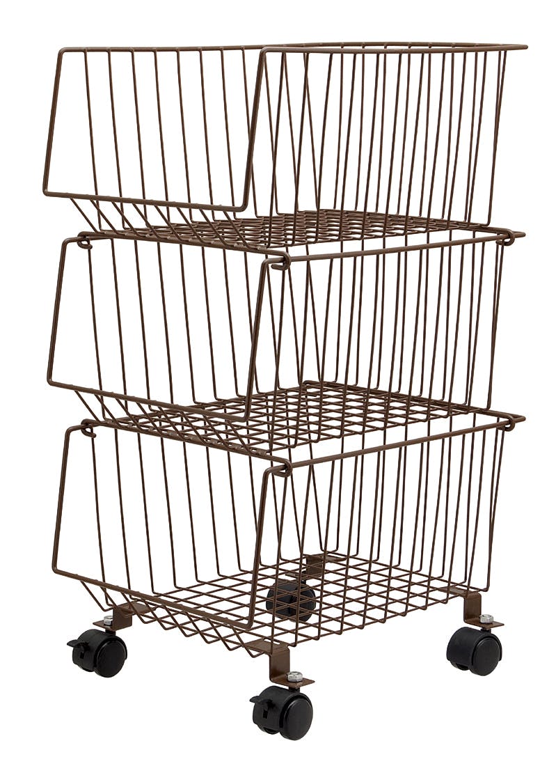 スタッキング式3段マルチ収納バスケット ブラウン キッチンワゴン