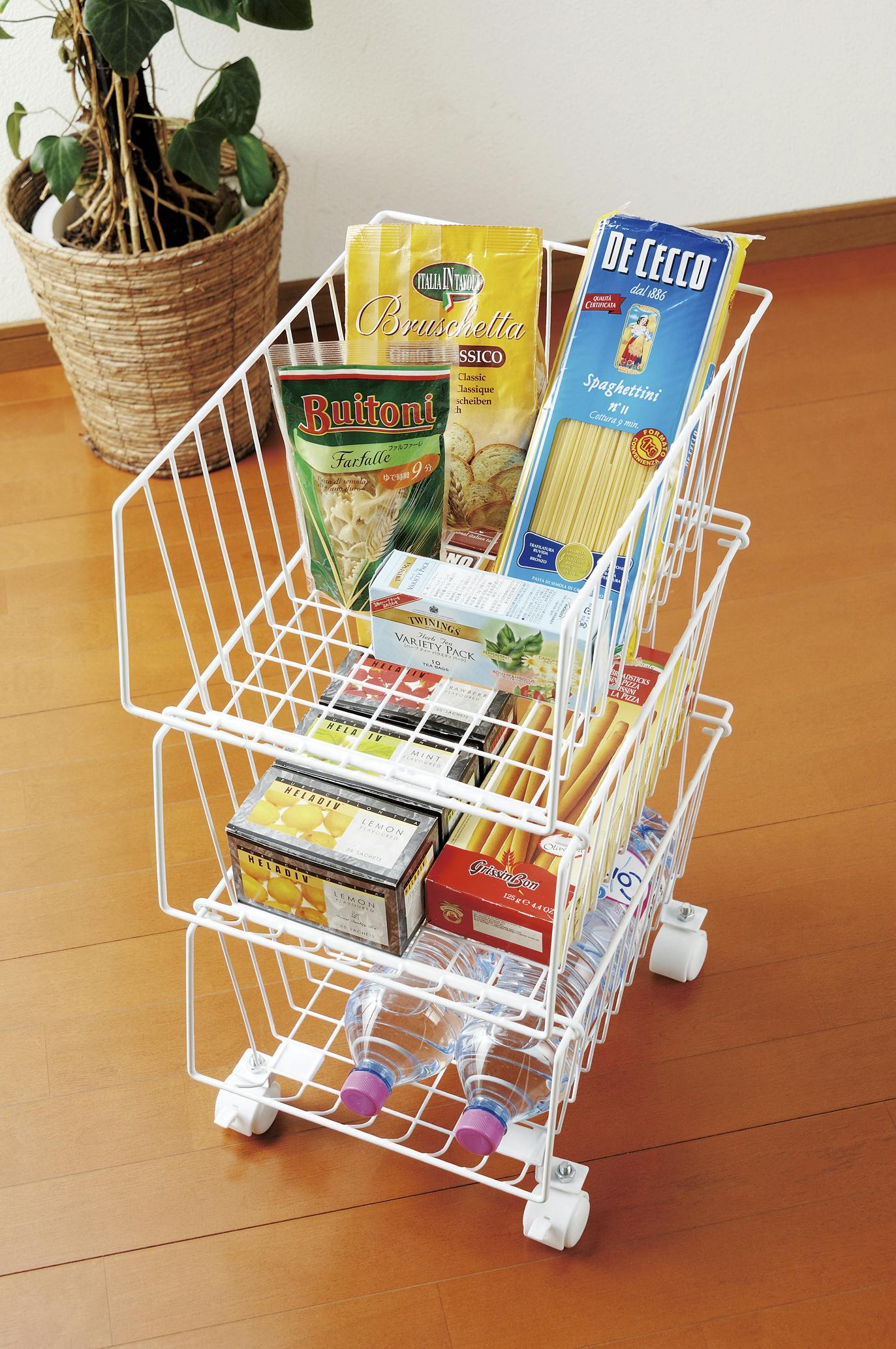 スタッキング式3段マルチ収納バスケット ブラウン キッチンワゴン