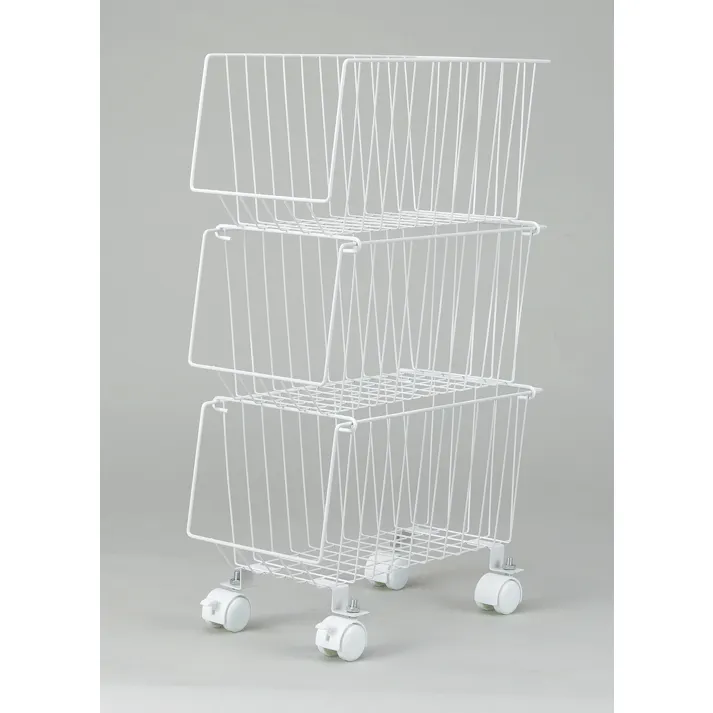スタッキング式3段マルチ収納バスケットスリム ホワイト 隙間収納 キッチンワゴン ランドリーラック ワイヤーバスケット ワゴン A4収納可能 陳列 収納 整理 積み重ね ロック付キャスター 4907052860438【別送品】