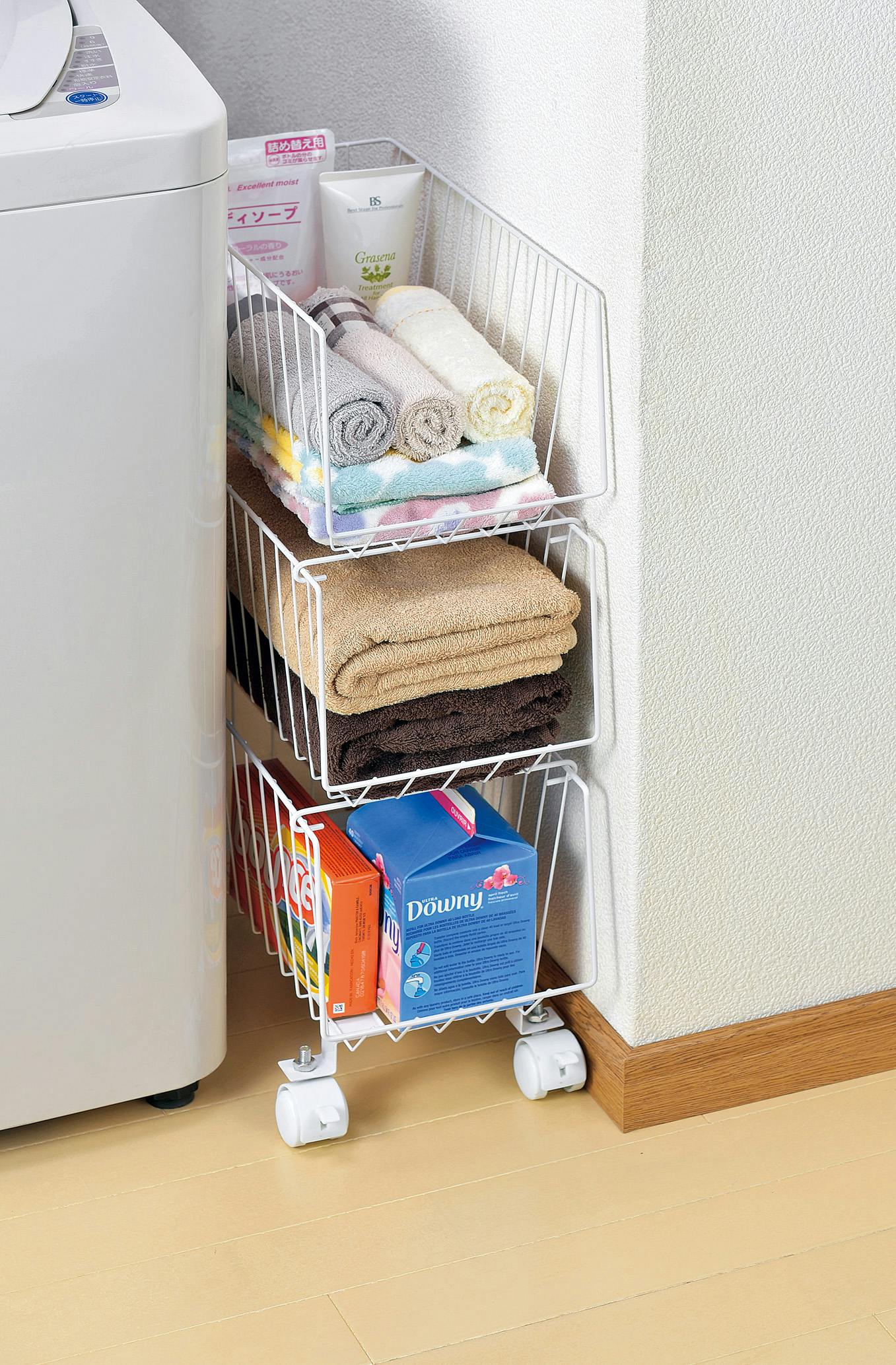 3段式物入れ スタッキング式3段マルチ収納バスケットスリム ホワイト 隙間収納