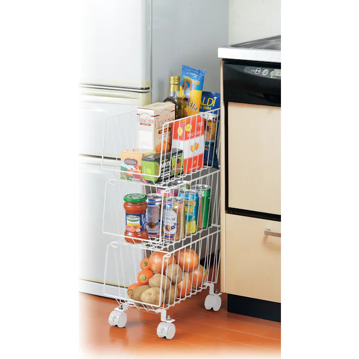 スタッキング式3段マルチ収納バスケットスリム ホワイト 隙間収納 キッチンワゴン ランドリーラック ワイヤーバスケット ワゴン A4収納可能 陳列 収納 整理 積み重ね ロック付キャスター 4907052860438【別送品】