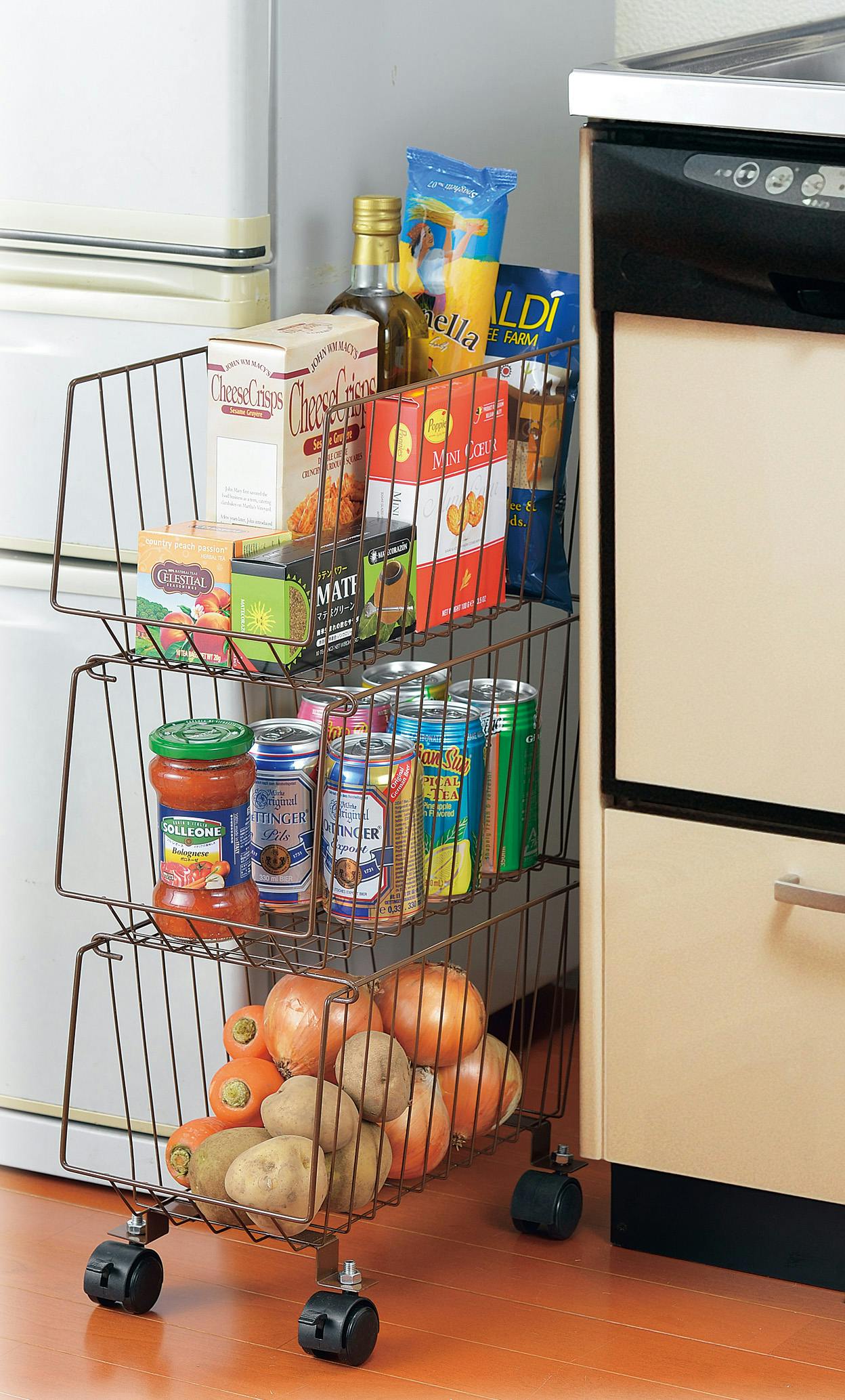 スタッキング式3段マルチ収納バスケットスリム ブラウン 隙間