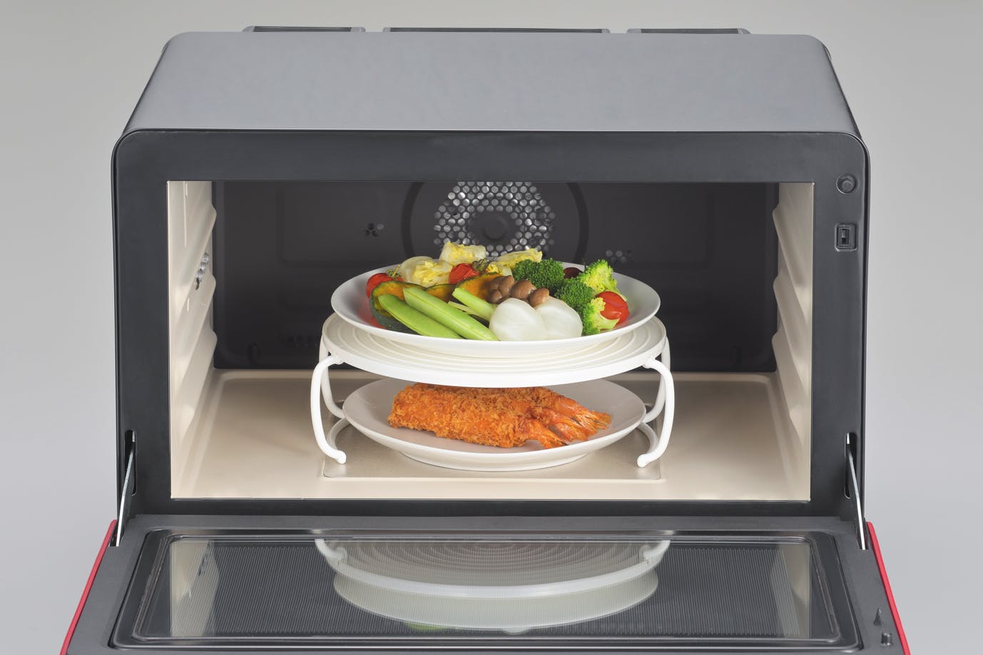 ダブルレンチンラック 電子レンジ 2皿同時に温め ホワイト 持ち手付