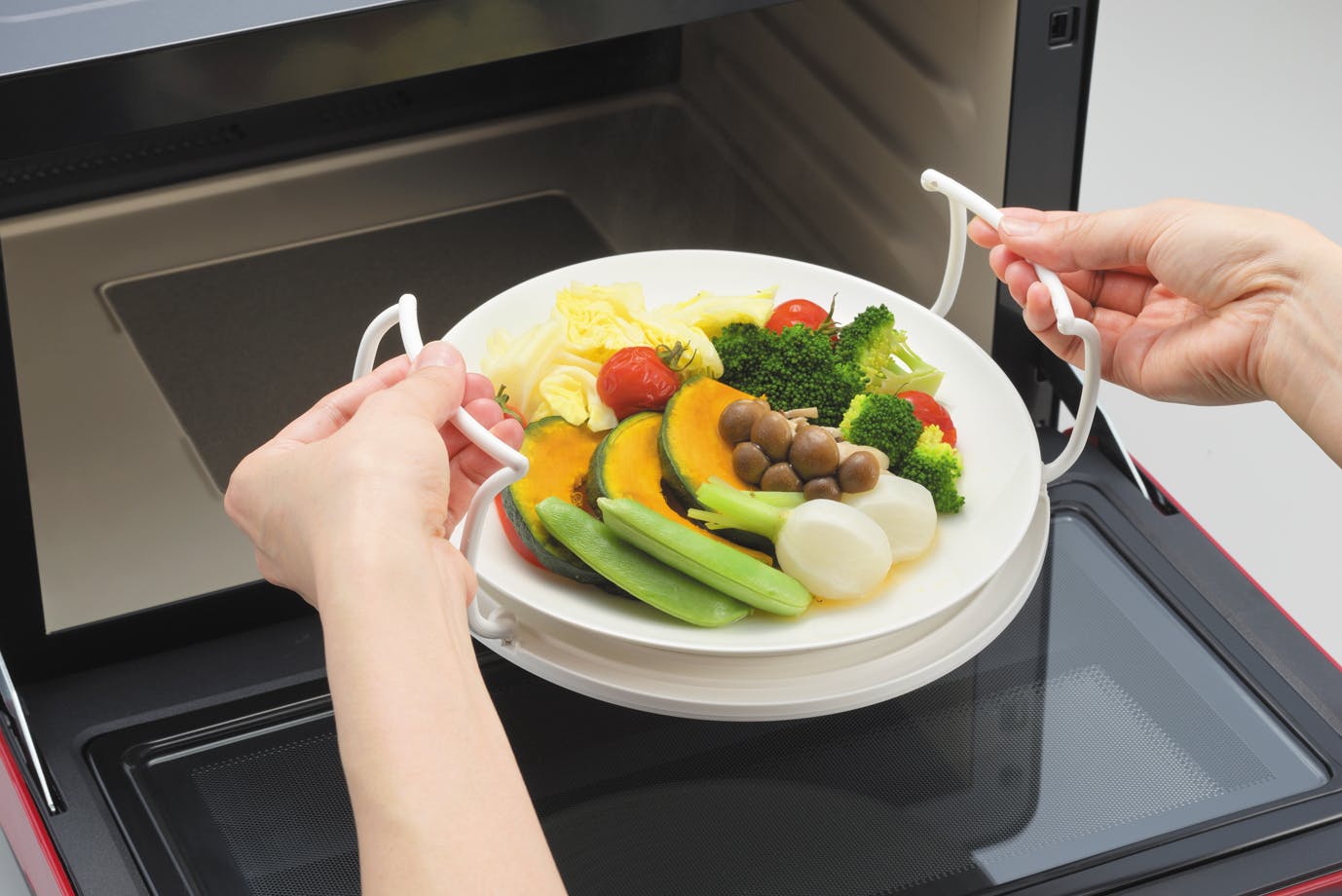 ダブルレンチンラック 電子レンジ 2皿同時に温め ホワイト 持ち手付