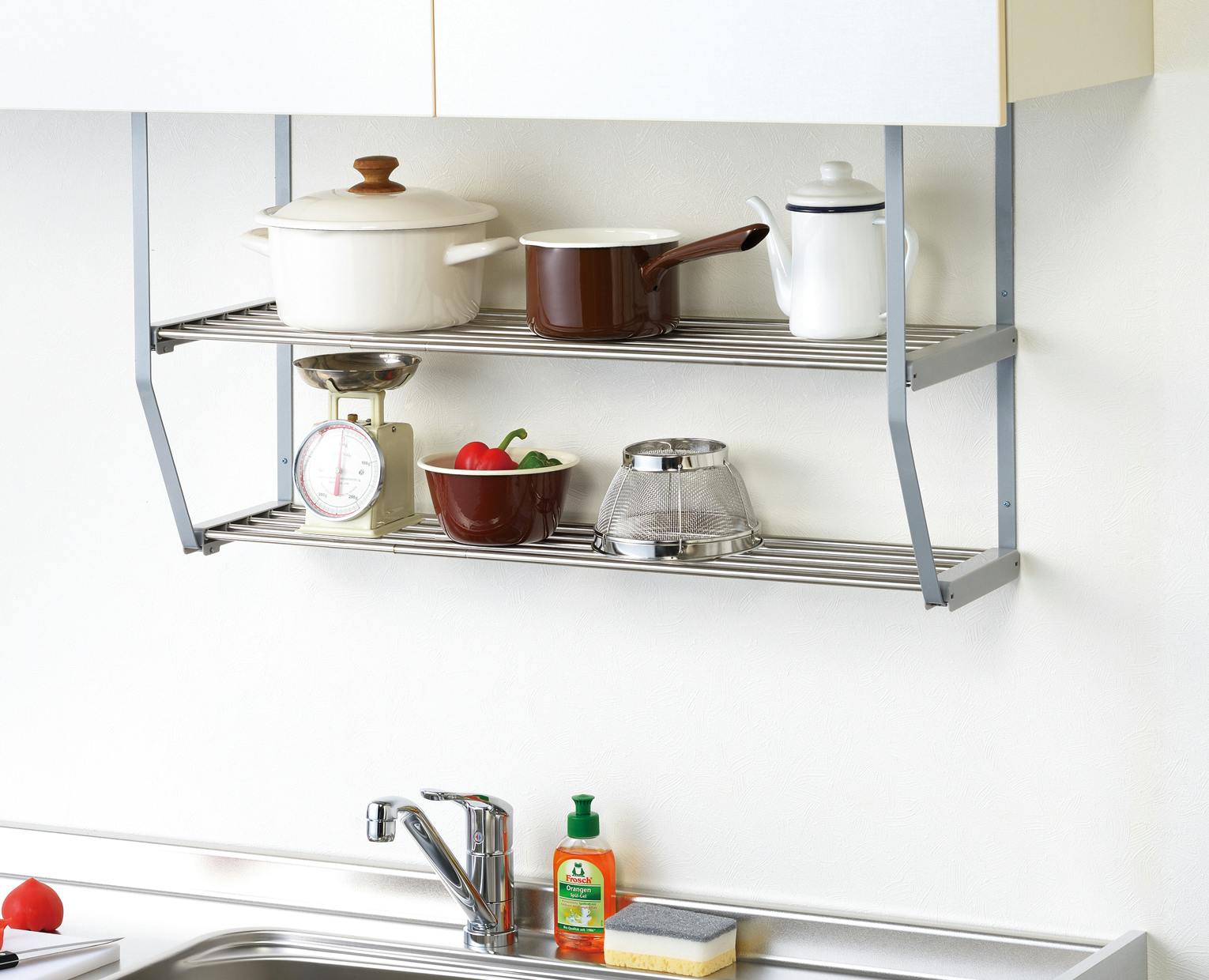 ステンレス伸縮ラックネジタイプ 2段 戸棚下 ネジ止め キッチン 収納