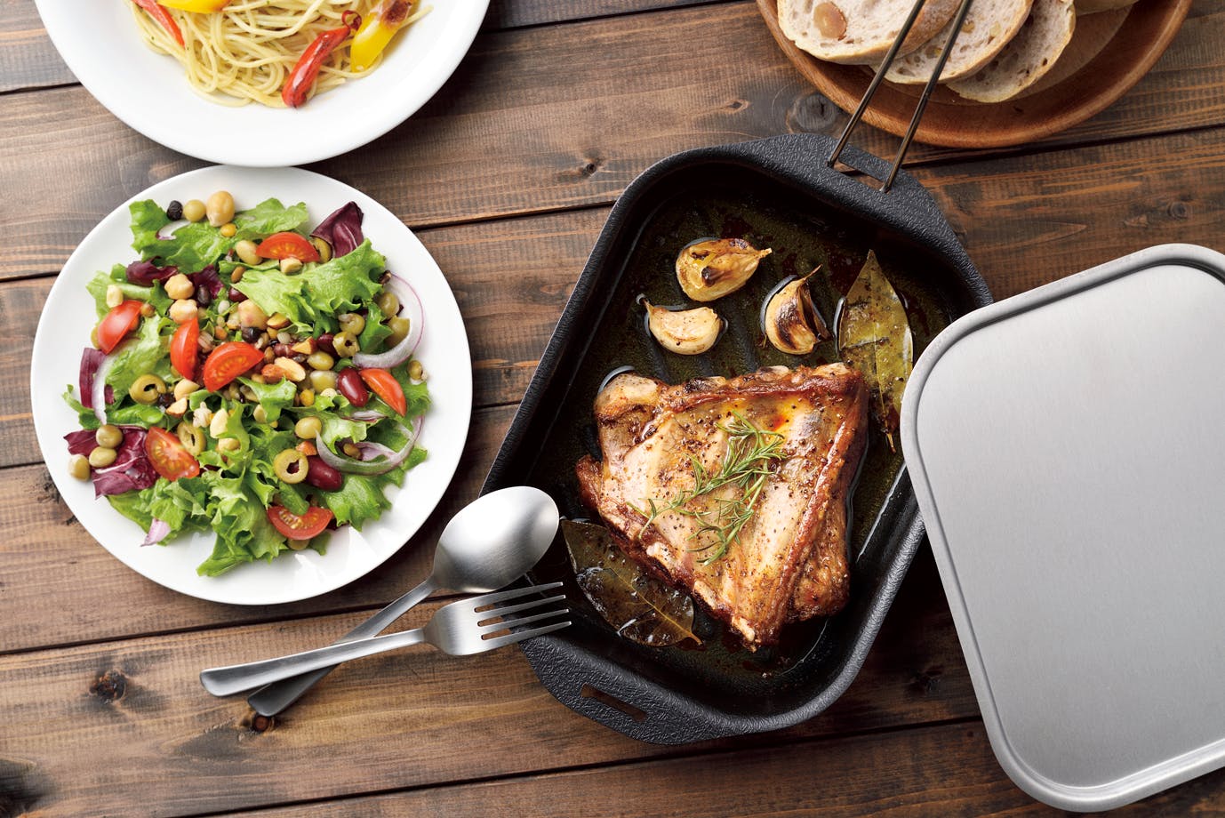 日本製 取っ手が外せるグリルパン ステンレス蓋・ハンドル付き 角 3点