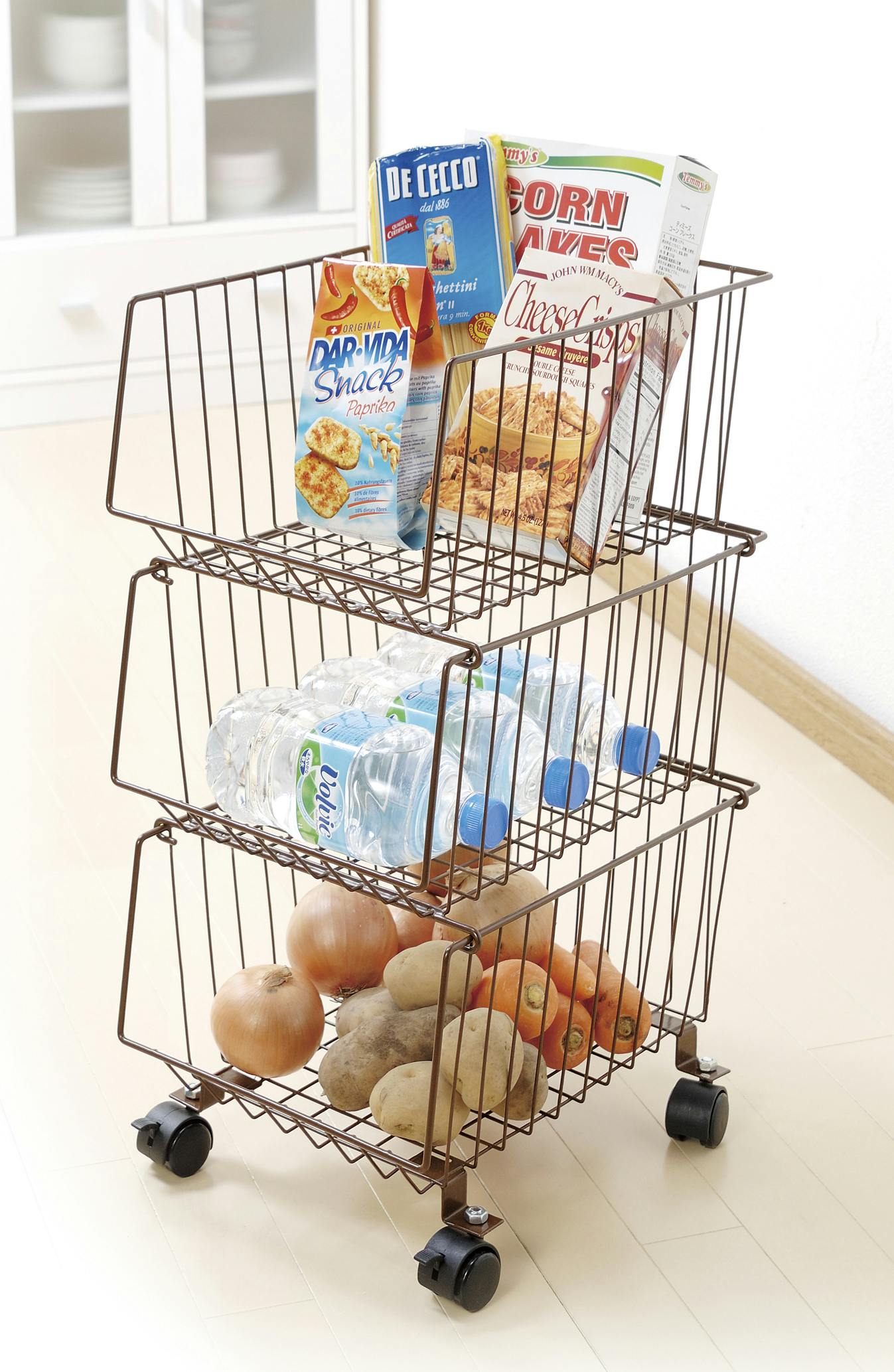 スタッキング式3段マルチ収納バスケット ブラウン 6個セット