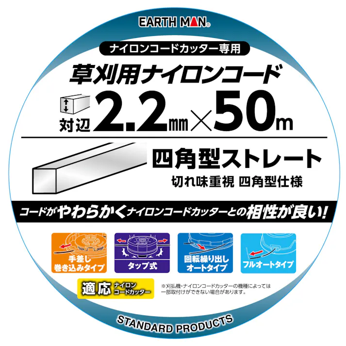 EARTH MAN 草刈用ナイロンコード 四角型ストレート 対辺2.2mm×50m 白 草刈機 刈払機 切れ味 やわらかい 2015761【別送品】