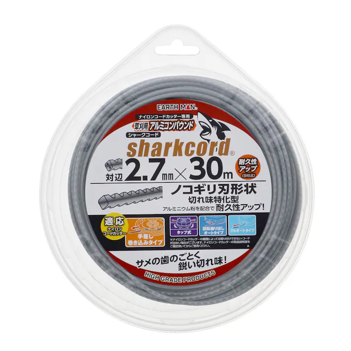 EARTH MAN 草刈用アルミコンパウンドシャークコード ノコギリ刃形状 対辺2.7mm×30m 銀 草刈機 刈払機 ナイロンコードカッター 耐久性 2015778【別送品】