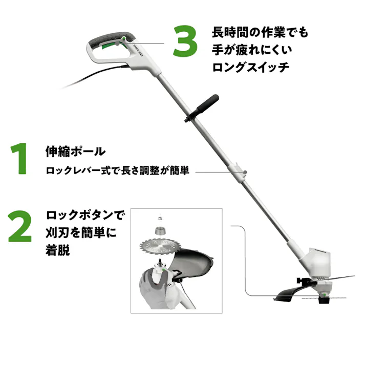 EARTH MAN コード式2WAYグラストリマー GGT-300WA AC 4個セット 草刈り機 刈り込み キワ刈り チップソー ブレード 伸縮ポール 10m延長コード【別送品】