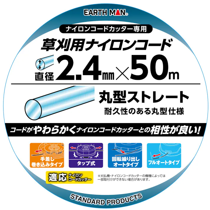 EARTH MAN 草刈用ナイロンコード 丸型ストレート 直径2.4mm×50m 青 42個セット 草刈機 刈払機 耐久性 やわらかい【別送品】