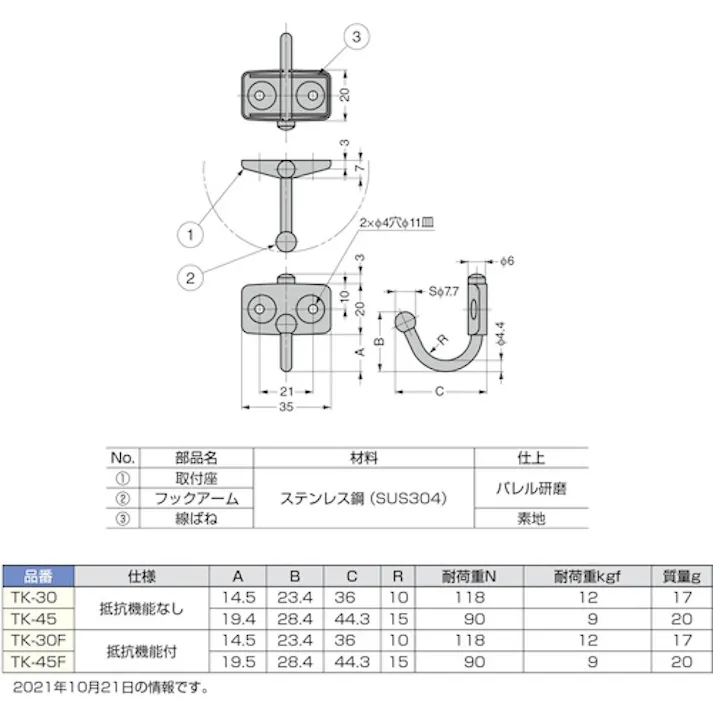 【CAINZ-DASH】スガツネ工業 (110020250)TK-30 ステンレス鋼製玉付回転フック 抵抗機能なし TK-30【別送品】