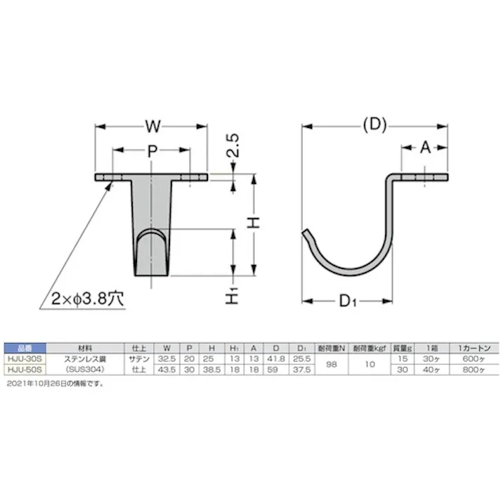 【CAINZ-DASH】スガツネ工業 (110017525)HJU-50Sステンレス鋼製フック HJU-50S【別送品】
