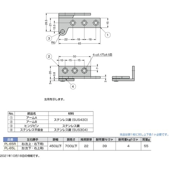 【CAINZ-DASH】スガツネ工業 （１７００９９１９１）ＰＬ－６５Ｌステンレス鋼製ＰＬヒンジ PL-65L【別送品】