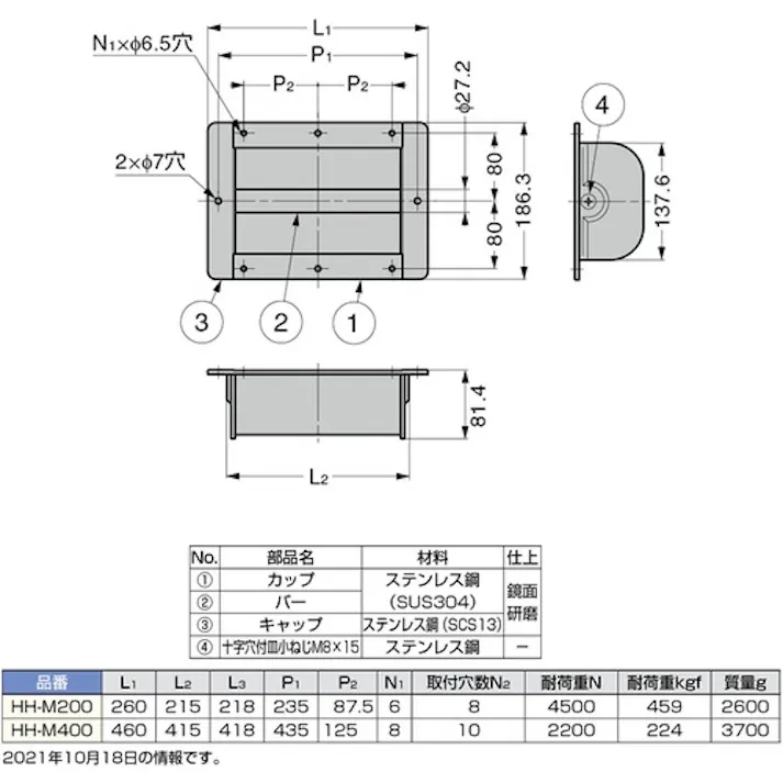 【CAINZ-DASH】スガツネ工業 (100012305)HH-M400ステンレス鋼製掘込メガ取手 HH-M400【別送品】