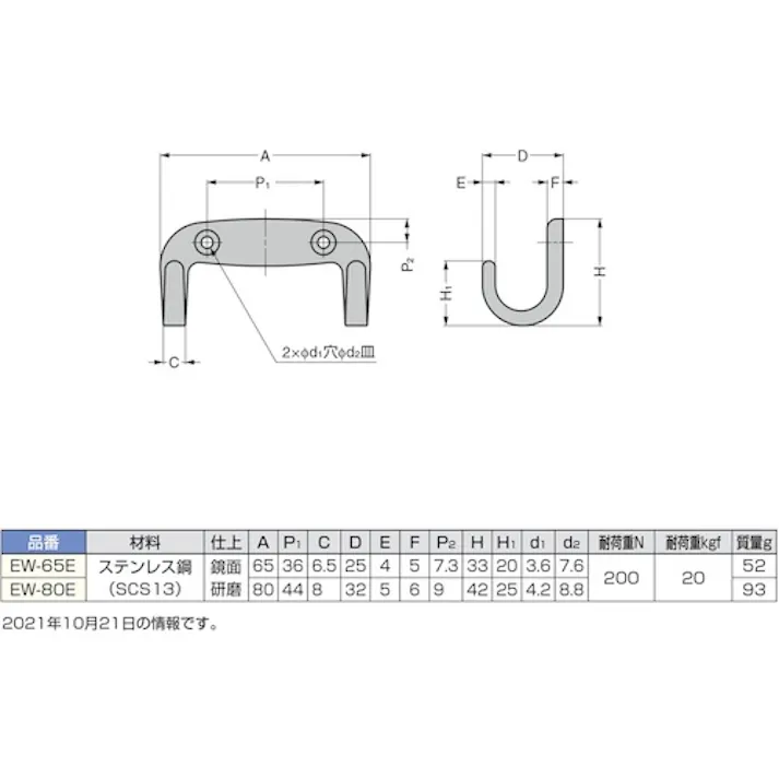 【CAINZ-DASH】スガツネ工業 (110026002) EW-65E ステンレス鋼製フック EW-65E【別送品】