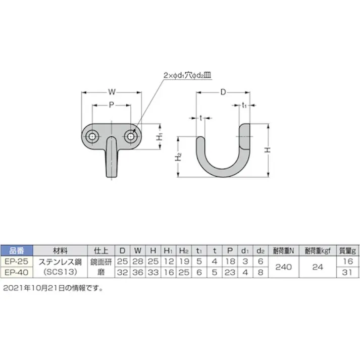 【CAINZ-DASH】スガツネ工業 (110026000)EP-25 ステンレス鋼製フック EP-25【別送品】