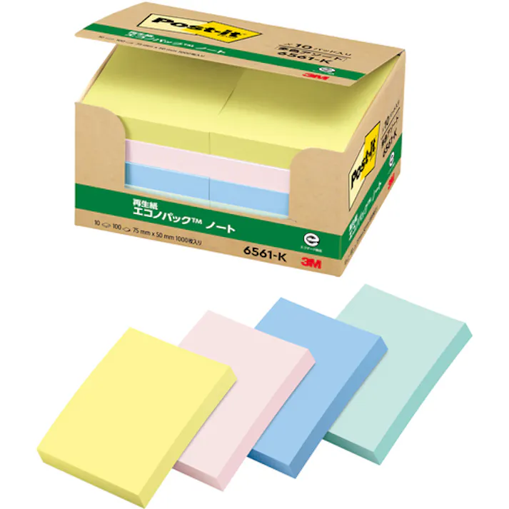 【CAINZ-DASH】スリーエム ジャパン文具・オフィス事業部 ポスト・イット 75X50mm 100枚X10パッド 4色入り 1000枚 6561-K【別送品】