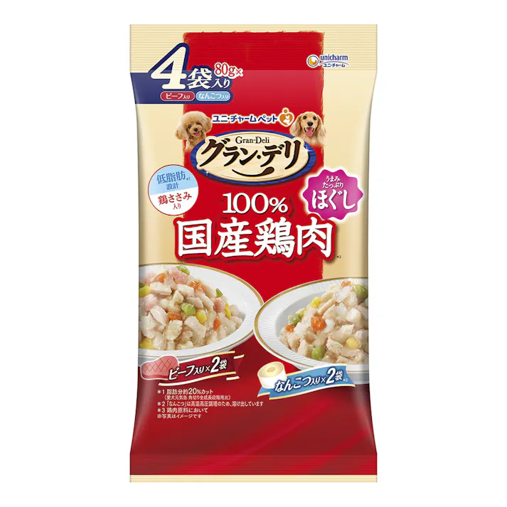 グラン・デリ パウチ 国産ささみほぐし ビーフ・なんこつ入り 80g×4個