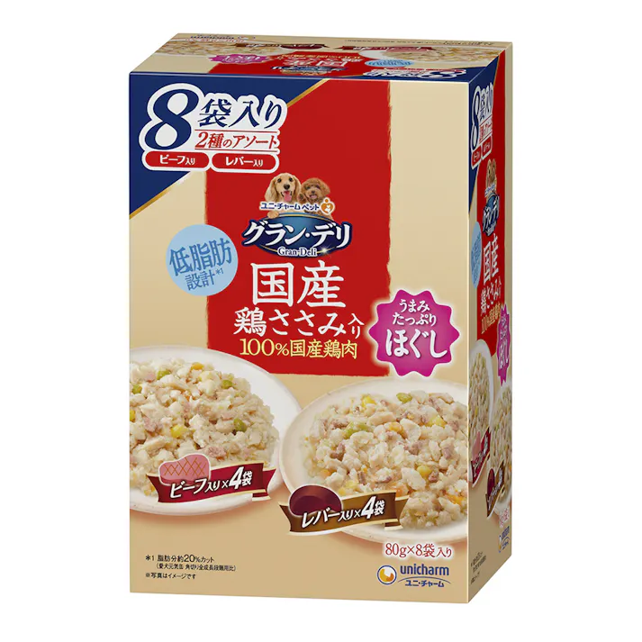 グラン・デリ 国産鶏ささみほぐし パウチ 2種のアソート ビーフ&レバー入り 80g×8袋