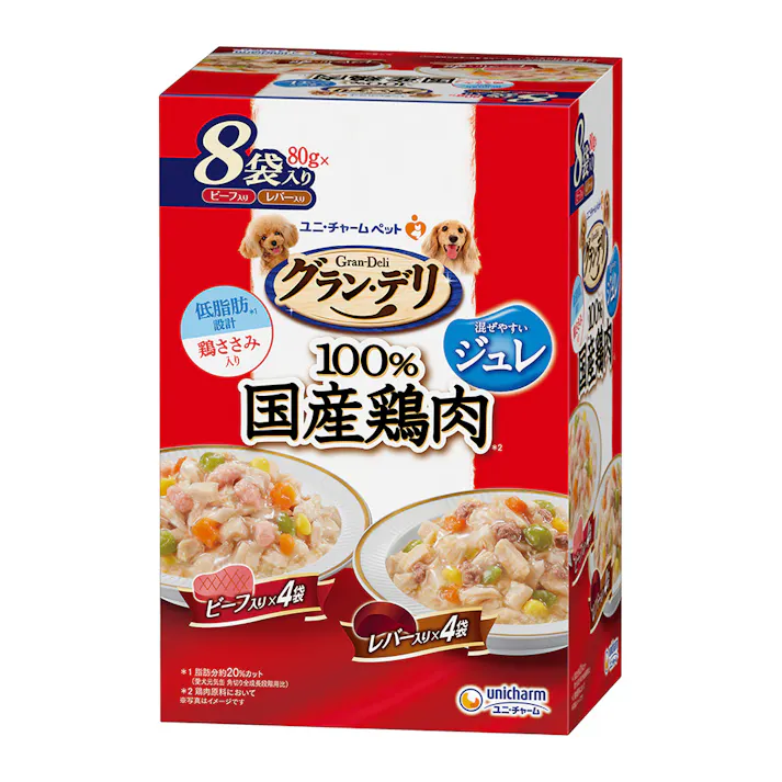 グラン・デリ 国産鶏ささみジュレ パウチ 2種のアソート ビーフ&レバー入り 80g×8袋