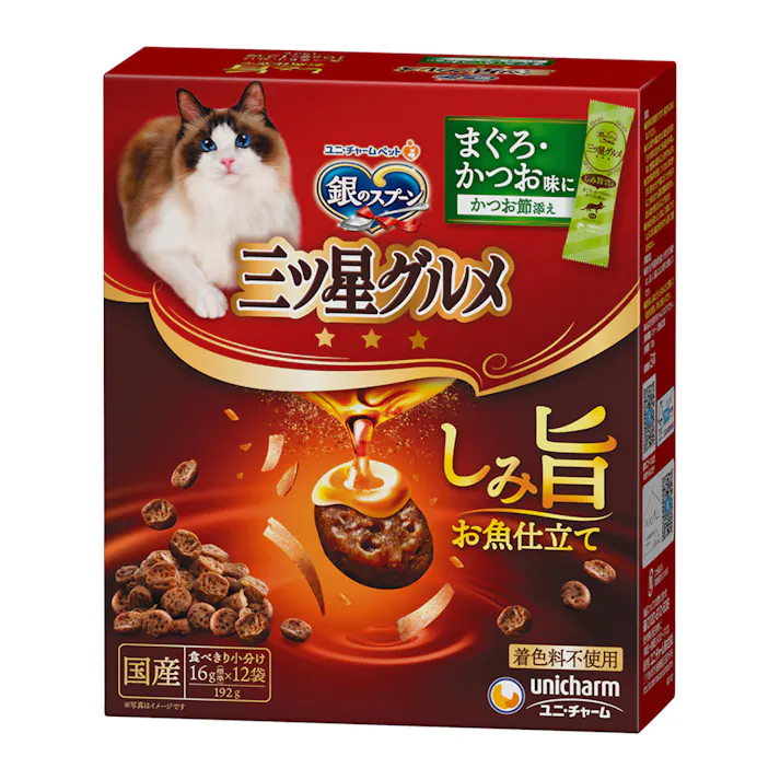 ユニ・チャーム 銀のスプーン 三ツ星グルメ しみ旨お魚仕立て まぐろ・かつお味にかつお節添え 16g×12袋