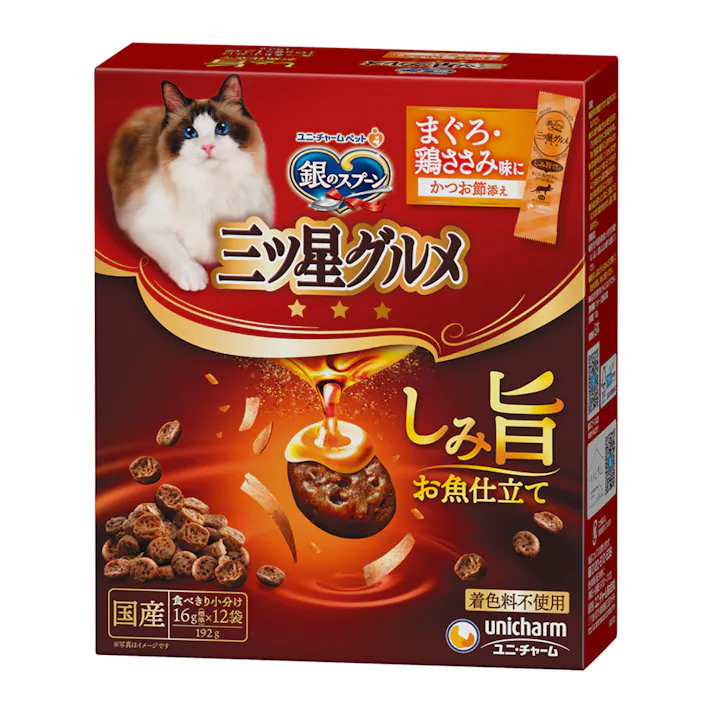 ユニ・チャーム 銀のスプーン 三ツ星グルメ しみ旨お魚仕立て まぐろ・鶏ささみ味にかつお節添え 16g×12袋