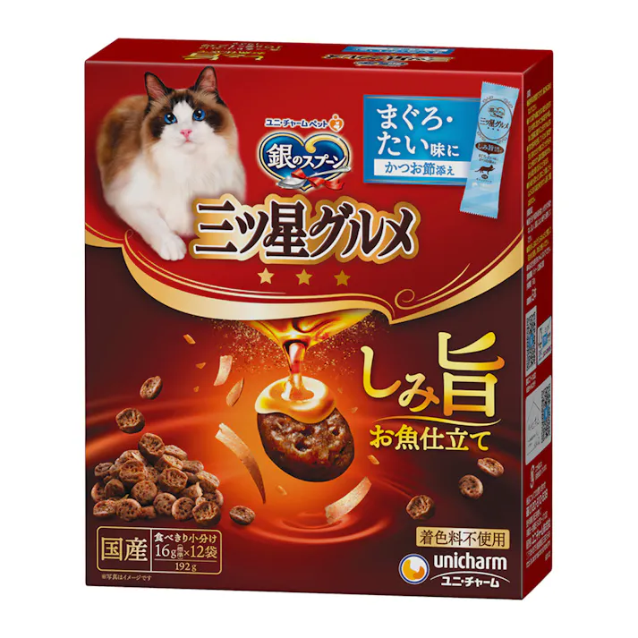 ユニ・チャーム 銀のスプーン 三ツ星グルメ しみ旨お魚仕立て まぐろ・たい味にかつお節添え 16g×12袋