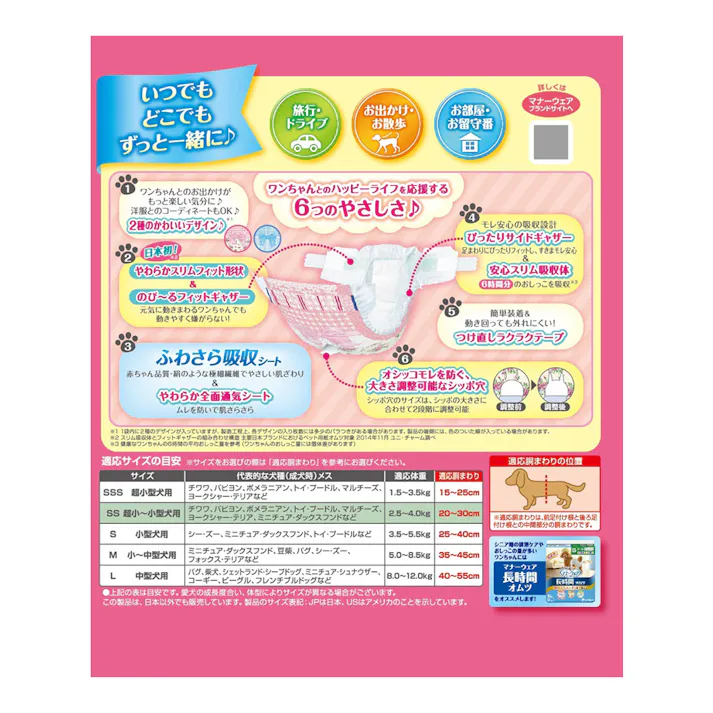 ユニ・チャーム マナーウェア 女の子用 SSサイズ ピンクリボン・青リボン 超小~小型犬用 38枚
