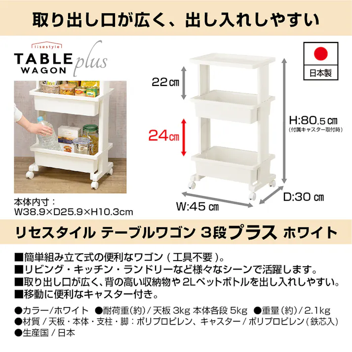 リセスタイル テーブルワゴン 3段 プラス ホワイト