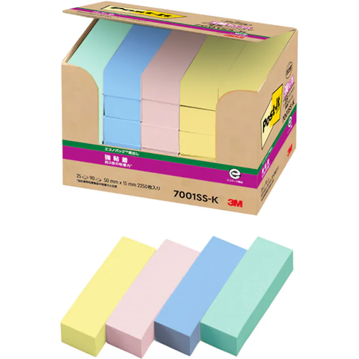 【CAINZ-DASH】スリーエム ジャパンオフィスマーケット販売本部 ポスト・イット 強粘着 50X15mm 90枚X25パッド 4色混色 7001SS-K【別送品】